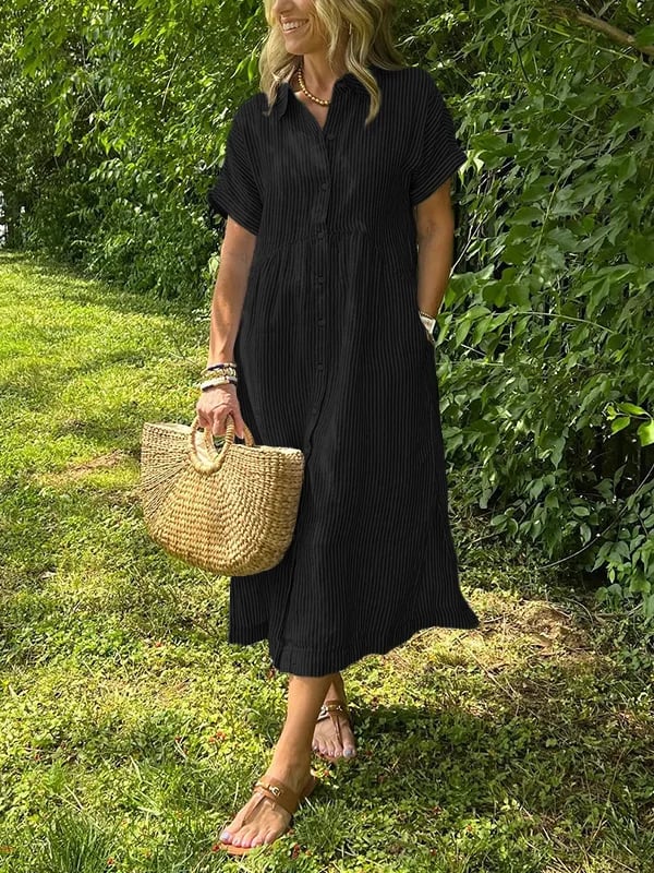 Astrid™ | Elegant randig skjortklänning med knappslå och krage