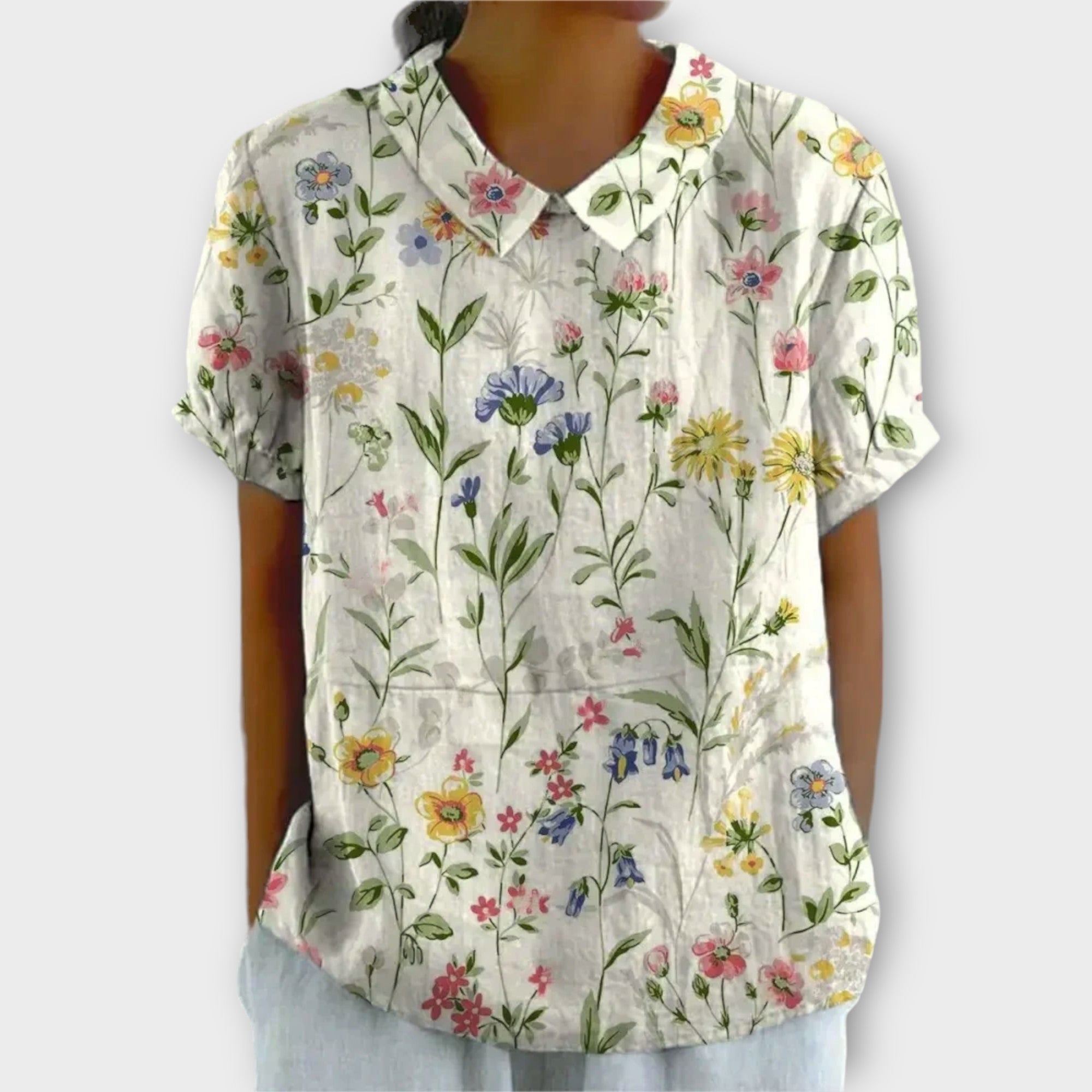 Thessaly™ - Blommig Blus i Bomull och Linne