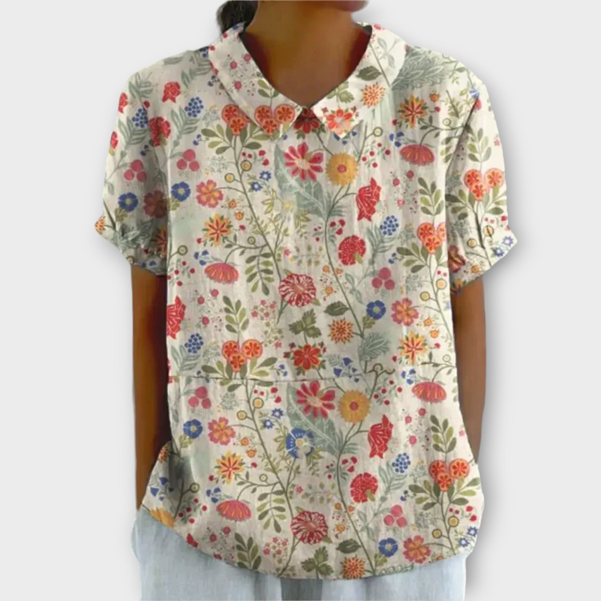 Thessaly™ - Blommig Blus i Bomull och Linne