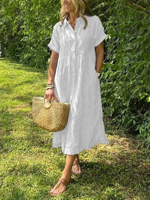 Astrid™ | Elegant randig skjortklänning med knappslå och krage