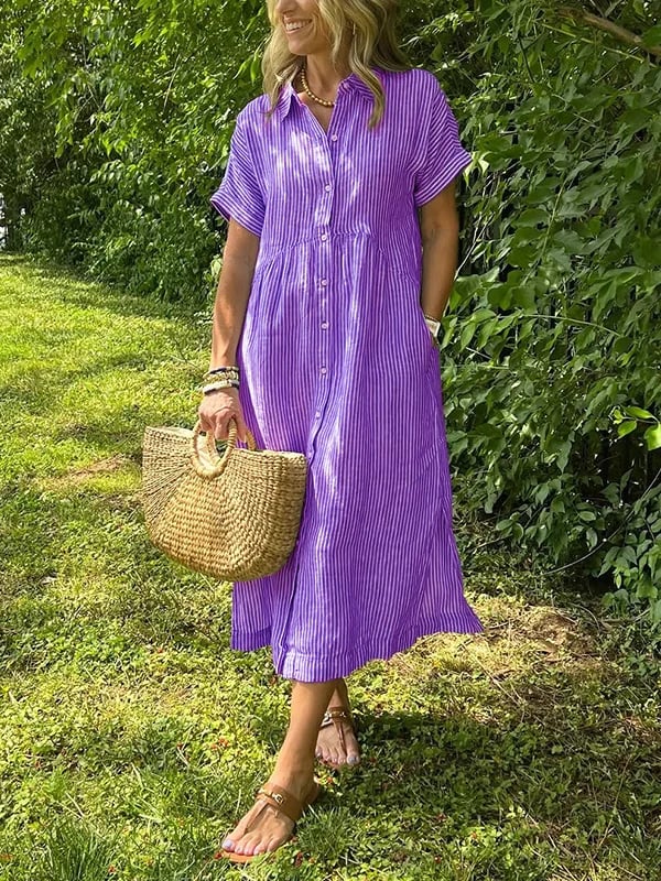 Astrid™ | Elegant randig skjortklänning med knappslå och krage